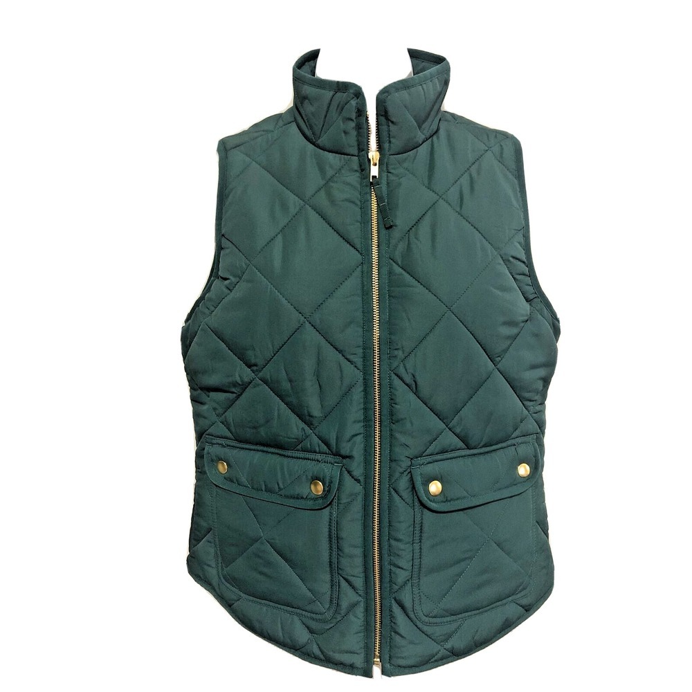 J Crew Quilted Zip Vest Green Puffer Equestrian Gold Hardware Pockets‎ XS NWT